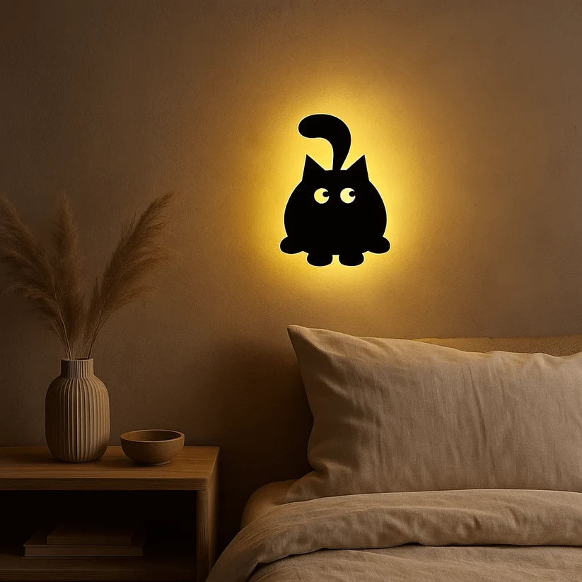3D Cute Cat Round Wall Lamp – Modern Ambient Bedroom Light | Plug & Play, No Wires