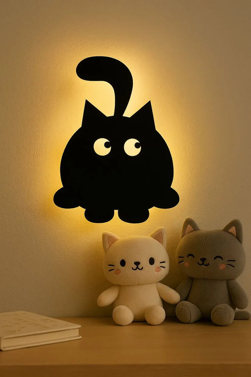 3D Cute Cat Round Wall Lamp – Modern Ambient Bedroom Light | Plug & Play, No Wires